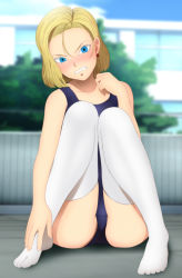 Rule 34 | 1girl, absurdres, android 18, angry, ass, blonde hair, blue eyes, blush, clenched teeth, collarbone, dragon ball, dragonball z, earrings, embarrassed, feet, full body, hands on feet, highres, jewelry, legs, looking at viewer, short hair, sitting, solo, swimsuit, teeth, thighhighs, thighs, toes, white thighhighs, yadokari genpachirou