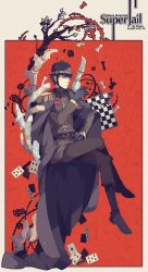 Rule 34 | 1boy, ace (playing card), ace of clubs, black hair, bone, cape, card, chess piece, chessboard, club (shape), epaulettes, glasses, hat, highres, male focus, playing card, solo, superjail, the warden, warden (superjail), wenny02