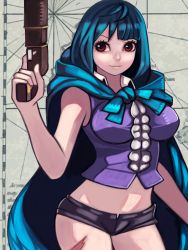 Rule 34 | 1girl, blue hair, breasts, cape, death is 13, ein (one piece), frills, gun, long hair, midriff, one piece, one piece film: z, red eyes, shorts, weapon
