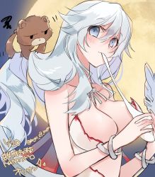 Rule 34 | 1boy, 1girl, artemis (fate), bear, blue eyes, blush, bracelet, breasts, cleavage, dango, eating, fate/grand order, fate (series), food, full moon, highres, jewelry, long hair, looking at viewer, mom 29 mom, moon, orion (bear) (fate), silver hair, smile, very long hair, wagashi