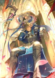 Rule 34 | 2boys, armor, arthur pendragon (fate), blonde hair, buckle, crown, closed eyes, fate/grand order, fate/prototype, fate (series), gloves, greaves, highres, holding, holding staff, indoors, jowell she, male focus, merlin (fate), multiple boys, petals, robe, sitting, smile, staff, throne, white hair