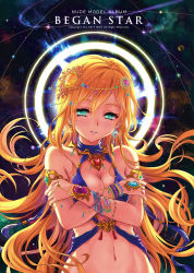 Rule 34 | 1girl, aqua eyes, armband, bangle, blonde hair, bracelet, breasts, cleavage, crescent, crescent earrings, crescent moon, crossed arms, earrings, hair ornament, halo, halo behind head, highres, jewelry, long hair, moon, navel, necklace, original, smile, solo, space, star (symbol), star earrings, wolksheep