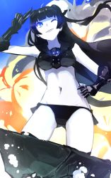 Rule 34 | 10s, 1girl, abyssal ship, adapted costume, bad id, bad pixiv id, black hair, black sailor collar, blue eyes, colored skin, double bun, gauntlets, grin, kantai collection, light cruiser oni, long hair, one eye closed, sailor collar, sharp teeth, smile, solo, teeth, v, weasel (close-to-the-edge), white skin