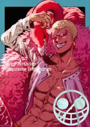 Rule 34 | arm up, bird, blonde hair, character name, coat, dated, donquixote doflamingo, earrings, english text, eyes visible through eyewear, feather coat, flamingo, grin, happy birthday, highres, jewelry, looking at viewer, male focus, muscular, muscular male, navel, one piece, open clothes, orange-tinted eyewear, pink coat, shirt, short hair, smile, smiley face, solo, sunglasses, teeth, tinted eyewear, tsuru 356, white-framed eyewear, white shirt