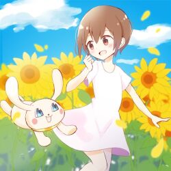 Rule 34 | 1girl, brown eyes, brown hair, creature, digimon, flower, holy ring, looking at another, outdoors, plotmon, smile, sunflower, yagami hikari