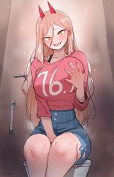 Rule 34 | + +, 1girl, absurdres, bathroom, blonde hair, blush, breasts, chainsaw man, cross-shaped pupils, demon, demon horns, grabbing own breast, highres, horns, large breasts, lightsource, long hair, open mouth, pink shirt, power (chainsaw man), sharp teeth, shirt, shorts, sitting, solo, steam from mouth, symbol-shaped pupils, teeth, thick thighs, thighs, toilet, yellow eyes