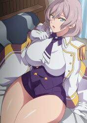 Rule 34 | 1girl, bare shoulders, bed, blue eyes, breasts, brown hair, commentary request, corset, gloves, gridman universe, hara (harayutaka), highres, jacket, large breasts, leotard, military jacket, mujina, navel, necktie, purple corset, purple leotard, purple necktie, purple shorts, short hair, short necktie, shorts, solo, ssss.dynazenon, thighs, white gloves, white jacket