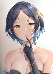 Rule 34 | 1girl, bare shoulders, black dress, black gloves, black hair, bracelet, breasts, cleavage, collarbone, dress, earrings, elbow gloves, eyebrows hidden by hair, finger to mouth, gloves, hayami kanade, highres, idolmaster, idolmaster cinderella girls, jewelry, large breasts, looking at viewer, necklace, parted bangs, shaded face, shadow, short hair, shougun (chuckni1), solo, yellow eyes