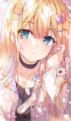 Rule 34 | 1girl, black choker, black shirt, blonde hair, blue eyes, blush, bow, brown jacket, choker, collarbone, commentary request, earrings, hair between eyes, hair bow, hair ornament, hairclip, highres, inagaki minami, jacket, jewelry, long hair, long sleeves, looking at viewer, open clothes, open jacket, parted lips, pink bow, shirt, signature, solo, sousouman, twinbox school, upper body