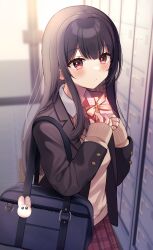 Rule 34 | 1girl, absurdres, bag, bag charm, black hair, black jacket, blazer, blush, bow, box, brown skirt, brown sweater, charm (object), closed mouth, collared shirt, commentary request, getabako, gift, gift box, highres, holding, holding gift, indoors, jacket, long hair, long sleeves, looking at viewer, minami saki, open clothes, open jacket, original, pink bow, plaid, plaid skirt, pleated skirt, red eyes, school bag, school uniform, shirt, skirt, sleeves past wrists, solo, sweater, valentine, very long hair, white shirt