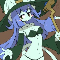 Rule 34 | 1girl, bikini, blue hair, brown background, cat, female focus, furry, furry female, hat, long hair, looking at viewer, open mouth, simple background, smile, solo, swimsuit, the amboina, witch hat, yellow eyes