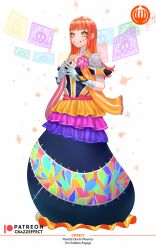 Rule 34 | 1girl, alternate costume, artist name, bandages, blue eyeshadow, copyright name, crazzeffect, dia de muertos, dress, english text, eyeshadow, facial mark, fire emblem, fire emblem engage, flower, frilled dress, frills, highres, long dress, long hair, makeup, multicolored clothes, multicolored dress, nintendo, orange dress, orange hair, own hands together, panette (fire emblem), patreon username, pink flower, skull, smile, solo, sparkle, tattoo, white background, yellow eyes