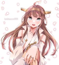 Rule 34 | 1girl, 1other, ahoge, brown hair, commentary request, detached sleeves, double bun, grey eyes, hair bun, hairband, highres, japanese clothes, jewelry, kantai collection, kongou (kancolle), kongou kai ni (kancolle), kukimaru, long hair, looking at viewer, nontraditional miko, popped collar, ribbon-trimmed sleeves, ribbon trim, ring, smile, upper body, wedding band, white background