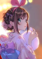 Rule 34 | 1girl, :p, back bow, blue eyes, bow, brown hair, commentary request, cotton candy, dated, eating, floral print, food, hair ribbon, hair up, hairband, hand fan, holding, holding food, japanese clothes, kimono, kizuna ai, kizuna ai inc., looking at viewer, looking back, morikura en, multicolored hair, paper fan, pink hair, pink hairband, pink kimono, pink ribbon, purple ribbon, ribbon, solo, streaked hair, tongue, tongue out, twitter username, uchiwa, upper body, virtual youtuber, wide sleeves