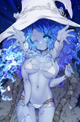 Rule 34 | 1girl, absurdres, alternate breast size, bikini, blue eyes, blue hair, blue skin, breasts, breasts apart, colored skin, covered erect nipples, cowboy shot, elden ring, extra arms, extra faces, eyes visible through hair, head tilt, highres, large breasts, long hair, looking at viewer, navel, no nose, non-web source, one eye closed, open hands, outstretched arms, ranni the witch, skindentation, slugbox, solo, split mouth, straight-on, swimsuit, tareme, white bikini