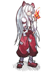 Rule 34 | 1girl, bad id, bad pixiv id, boots, bow, female focus, fire, fujiwara no mokou, full body, hair bow, long hair, miranko, pants, ponytail, red eyes, silver hair, sketch, solo, standing, suspenders, touhou, very long hair, white background