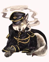 Rule 34 | aiguillette, animal, animal focus, black hat, black jacket, cigar, clothed animal, coat, coat on shoulders, commentary, full body, hat, highres, jacket, long sleeves, looking at viewer, military uniform, mouth hold, naval uniform, original, peaked cap, simple background, smoke, smoking, solo, symbol-only commentary, tonbippo08, uniform, white background, wolf, yellow eyes