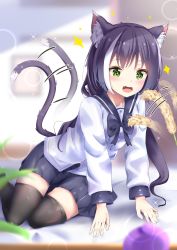 Rule 34 | 1girl, aizawa (aizawatsu), animal ear fluff, animal ears, black thighhighs, blurry, blurry background, blurry foreground, blush, bow, bowtie, cat ears, cat girl, cat tail, cat teaser, commentary, fang, feet out of frame, green eyes, highres, indoors, karyl (princess connect!), long sleeves, motion lines, multicolored hair, open mouth, pleated skirt, princess connect!, purple hair, sailor collar, school uniform, shirt, skirt, sleeve cuffs, smile, solo, sparkle, streaked hair, tail, tail wagging, thighhighs, uniform, white hair, white shirt