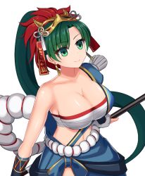Rule 34 | 1girl, bandages, bandeau, blue skirt, breasts, chest sarashi, cleavage, collarbone, earrings, fire emblem, fire emblem: the blazing blade, fire emblem heroes, green eyes, green hair, jewelry, large breasts, long hair, lyn (fire emblem), mask, mask on head, midriff, navel, nintendo, official alternate costume, ponytail, sarashi, shira yu ki, short sleeves, simple background, single bare shoulder, single sleeve, skirt, smile, solo, stomach, strapless, tube top, upper body, very long hair, white background