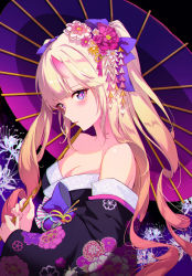 Rule 34 | 1girl, absurdres, bare shoulders, blonde hair, blue eyes, chrysanthemum print, closed mouth, floral print, flower, gradient hair, hair flower, hair ornament, hair ribbon, highres, holding, holding umbrella, horns, japanese clothes, kimono, long hair, looking at viewer, minj kim, multicolored hair, off shoulder, oil-paper umbrella, oni, oni horns, original, peony print, print kimono, ribbon, solo, spider lily, symbol-shaped pupils, umbrella, upper body, white flower, white spider lily