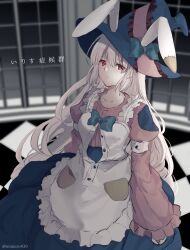 Rule 34 | 1girl, animal ears, animal hat, apron, blue bow, blue bowtie, blue skirt, blunt bangs, bow, bowtie, checkered floor, collarbone, copyright name, expressionless, frilled apron, frills, hat, hat bow, highres, irisu kyouko, irisu shoukougun!, long hair, long sleeves, looking at viewer, mimuro430, pale skin, pink shirt, puffy long sleeves, puffy sleeves, rabbit ears, red eyes, shirt, sidelocks, skirt, solo, twitter username, very long hair, white hair, window, witch hat