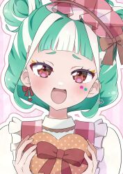 Rule 34 | 1girl, :d, blunt bangs, box, chii (chi pppuri), chimumu, double bun, frilled hairband, frills, gift, gift box, green hair, hair bun, hairband, hands up, heart-shaped box, highres, holding, holding gift, looking at viewer, multicolored hair, open mouth, pink background, pretty series, red eyes, red hairband, ribbon earrings, shirt, short hair, sidelocks, smile, solo, star sticker, streaked hair, upper body, waccha primagi!, white hair, white shirt