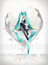 Rule 34 | 1girl, absurdres, aqua eyes, aqua hair, aqua necktie, bare shoulders, black footwear, black skirt, boots, cracked shell, detached sleeves, full body, hatsune miku, headset, highres, kazenemuri, long hair, long sleeves, looking at viewer, necktie, number tattoo, parted lips, petals, piano keys, pleated skirt, shirt, shoulder tattoo, simple background, sitting, skirt, solo, tattoo, thigh boots, twintails, very long hair, vocaloid, white background, white shirt