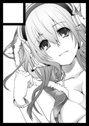 Rule 34 | 1girl, black border, border, breasts, circle cut, cleavage, female focus, greyscale, headphones, large breasts, long hair, looking at viewer, merryhachi, monochrome, nitroplus, smile, solo, super sonico, swimsuit