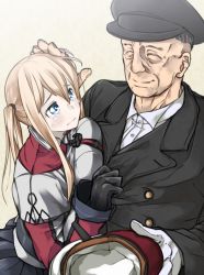 Rule 34 | 10s, 1boy, 1girl, ^ ^, bad id, bad nicoseiga id, black gloves, black hair, blonde hair, blue eyes, breast press, breasts, capelet, closed eyes, commentary request, crying, crying with eyes open, erich raeder, closed eyes, gloves, graf zeppelin (kancolle), hand on another&#039;s head, hat, unworn hat, headpat, unworn headwear, kantai collection, large breasts, military, military uniform, mutsuki nekohachi, naval uniform, old, old man, pale skin, peaked cap, real life, simple background, smile, tears, twintails, uniform, wavy mouth, white background, white gloves