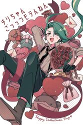 Rule 34 | 1girl, 64ibon, :d, ahoge, black necktie, blush, boots, bouquet, bright pupils, brown eyes, brown footwear, character doll, collared shirt, commentary, creatures (company), earrings, envelope, flower, game freak, green hair, happy valentine, heart, highres, jewelry, long hair, necktie, nintendo, open mouth, paldean wooper, pants, pink socks, pokemon, pokemon sv, ponytail, red flower, rika (pokemon), shirt, smile, socks, suspenders, sweatdrop, white pupils