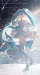 absurdres alternate_color aqua_ascot aqua_eyes aqua_hair aqua_necktie ascot boots detached_sleeves hatsune_miku hatsune_miku_(nt) highres kamatoyu long_hair looking_at_viewer necktie piapro shirt thigh_boots twintails very_long_hair vocaloid white_footwear white_shirt white_sleeves