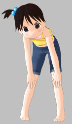 Rule 34 | 1girl, 3d, :o, barefoot, bent over, black eyes, black hair, capri pants, child, denim, feet, full body, grey background, hair bobbles, hair ornament, hands on own knees, ichigo mashimaro, itou chika, jeans, legs apart, looking at viewer, lowres, pants, side ponytail, simple background, solo, standing, toes