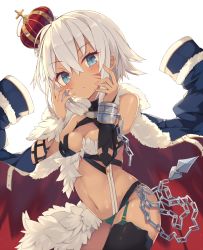 Rule 34 | 1girl, :&lt;, bare shoulders, black thighhighs, blue eyes, blush, breasts, chain, cleavage, closed mouth, coat, crossed bangs, crown, cuffs, fur trim, garter straps, hair between eyes, handcuffs, hands up, highres, jacket, jacket on shoulders, looking at viewer, medium breasts, mini crown, navel, nibiiro shizuka, original, panties, revealing clothes, short hair, silver hair, simple background, solo, tan, thighhighs, underwear, white background