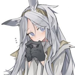 Rule 34 | 1girl, animal ears, arknights, black gloves, blush, fingerless gloves, flying sweatdrops, gloves, green hairband, grey hair, grey shirt, hairband, hands up, heavyrain (arknights), highres, horse ears, long hair, looking at viewer, mikozin, purple eyes, shirt, simple background, solo, upper body, white background