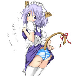 Rule 34 | 1girl, animal ears, ass, bad id, bad pixiv id, cat ears, cat girl, cat tail, female focus, izayoi sakuya, maid, panties, ribbon, short hair, silver hair, socks, solo, striped clothes, striped panties, tail, touhou, translated, underwear, wata, white background