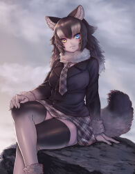 Rule 34 | 1girl, animal ears, black hair, blue eyes, blush, breasts, fur collar, gloves, grey wolf (kemono friends), heterochromia, highres, kemono friends, kemono friends 3, kosai takayuki, large breasts, long hair, long sleeves, looking at viewer, multicolored hair, necktie, skirt, smile, solo, tail, thighhighs, two-tone hair, white hair, wolf ears, wolf girl, wolf tail, yellow eyes, zettai ryouiki