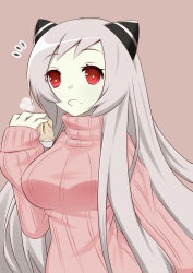 Rule 34 | 10s, 1girl, abyssal ship, airfield princess, aria (okuda08808008), breasts, food, highres, horns, kantai collection, long hair, open mouth, pale skin, red eyes, ribbed sweater, solo, sweater, very long hair, white hair