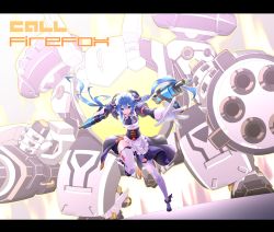 Rule 34 | 1girl, black dress, black footwear, blue eyes, blue hair, bow, breasts, dress, dual wielding, firefox (smc), floating hair, gun, highres, holding, holding gun, holding weapon, leaning forward, letterboxed, long hair, maid, maid headdress, mecha, medium breasts, multicolored hair, ning (smc), official alternate costume, open hand, pink hair, robot, running, science fiction, shoulder cannon, sin6, standing, streaked hair, submachine gun, super mecha champions, thighhighs, twintails, very long hair, weapon, white bow, white thighhighs