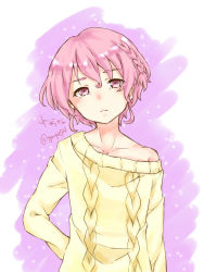 Rule 34 | 1boy, aran sweater, braid, cable knit, hand on own hip, highres, reona west, looking at viewer, male focus, mole, mole under eye, off-shoulder, off-shoulder sweater, off shoulder, pink eyes, pink hair, pretty series, pripara, short hair, solo, sweater, trap, youpi0731, yupinaccho