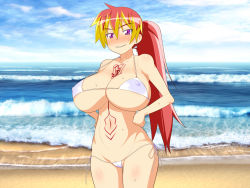 Rule 34 | 1girl, ahoge, ao no exorcist, beach, bikini, blush, breasts, cameltoe, cloud, covered erect nipples, cowboy shot, day, female focus, grin, groin, hair between eyes, hands on own hips, high ponytail, highres, huge breasts, kirigakure shura, legs, long hair, looking at viewer, makarou, multicolored hair, navel, nose blush, ocean, outdoors, parted lips, pink eyes, ponytail, sand, sky, smile, solo, standing, sweat, swimsuit, tattoo, thigh gap, thighs, two-tone hair, water