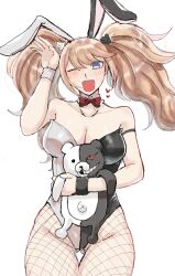 Rule 34 | 1girl, ;d, animal ears, bare shoulders, black leotard, blonde hair, blue eyes, blush, bow, bowtie, collarbone, cowboy shot, danganronpa: trigger happy havoc, danganronpa (series), detached collar, enoshima junko, fishnet pantyhose, fishnets, grey leotard, heart, highres, leotard, momosun (momoa136gg), monokuma, official alternate costume, one eye closed, open mouth, pantyhose, rabbit ears, red bow, red bowtie, simple background, smile, solo, twintails, white background