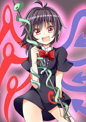 Rule 34 | 1girl, :d, antenna hair, black dress, black hair, bow, bowtie, cowboy shot, dress, fang, gluteal fold, holding, houjuu nue, keyaki chimaki, looking at viewer, open mouth, red bow, red bowtie, red eyes, short sleeves, smile, snake, solo, standing, touhou, wings