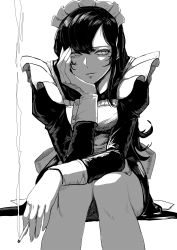 Rule 34 | 1girl, apron, black hair, black skirt, breasts, cigarette, fufu (fufuichi04), greyscale, hand on own cheek, hand on own face, highres, long hair, long sleeves, maid, maid headdress, monochrome, original, puffy sleeves, sitting, skirt, solo, white background