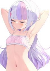 Rule 34 | 1girl, absurdres, armpits, arms behind head, arms up, blunt bangs, blush, bra, breasts, closed eyes, closed mouth, commentary request, eyelashes, gradient hair, hair ornament, highres, hololive, kage (ka 9e 4su), long hair, multicolored hair, murasaki shion, murasaki shion (magical girl maid), navel, pink bra, purple hair, shadow, shiny skin, sidelocks, silver hair, simple background, small breasts, solo, stomach, streaked hair, underwear, upper body, virtual youtuber, white background