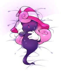 Rule 34 | 1girl, bed sheet, blush, breath, colored skin, dakimakura (medium), female focus, from above, full body, ghost, ghost tail, gloves, hair over eyes, hand on own chest, hand on own face, hat, highres, long hair, lying, mario (series), nintendo, nose blush, on back, open mouth, paper mario, paper mario: the thousand year door, pink hair, pink hat, purple skin, shiny skin, solo, striped clothes, striped headwear, suzumushi (tanpopo cha), sweat, vivian (paper mario), white background, white gloves, witch hat