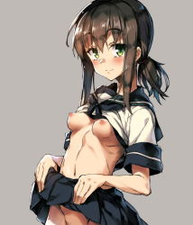 Rule 34 | 10s, 1girl, blush, breasts, brown hair, clothes lift, fubuki (kancolle), green eyes, kantai collection, low ponytail, midriff, navel, nipples, no bra, out-of-frame censoring, redcomet, school uniform, serafuku, shirt lift, short sleeves, skirt, skirt lift, small breasts, smile, solo