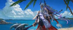Rule 34 | 1boy, 1girl, absurdres, asterios (fate), axe, bare shoulders, beach, black sclera, colored sclera, day, dress, euryale (fate), fate/grand order, fate/hollow ataraxia, fate (series), hairband, highres, horns, jewelry, long hair, outdoors, purple hair, red eyes, shichigatsu, twintails, water, weapon, white hair