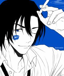 Rule 34 | 1boy, ;), black hair, black necktie, blue background, blue eyes, blue theme, cigarette, collared shirt, hagiwara kenji, hair between eyes, hand up, holding, holding cigarette, lipstick mark, looking at viewer, male focus, mashima shima, meitantei conan, necktie, one eye closed, partially colored, shirt, simple background, smile, smoke, solo, twitter username, upper body