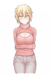 Rule 34 | 1girl, alternate costume, blonde hair, blush, breast hold, breasts, casual, cowboy shot, denim, female focus, jeans, kuroba rapid, large breasts, looking at viewer, meme attire, no headwear, no headwear, open-chest sweater, pants, ribbed sweater, short hair, sleeves past wrists, solo, sweater, toramaru shou, touhou, turtleneck, yellow eyes