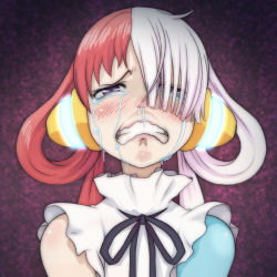 Rule 34 | 1girl, artist request, blush, clenched teeth, crying, dress, hair over one eye, headphones, highres, long hair, looking at viewer, multicolored hair, one piece, one piece film: red, purple eyes, red hair, sad, shaded face, simple background, solo, teardrop, tears, teeth, two-tone hair, uta (one piece), very long hair, wavy mouth, white background, white hair